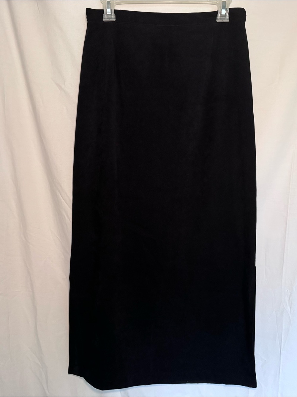 Vtg 90s CLIO Faux Suede Maxi Column Skirt Black Large Side Slits Made in USA